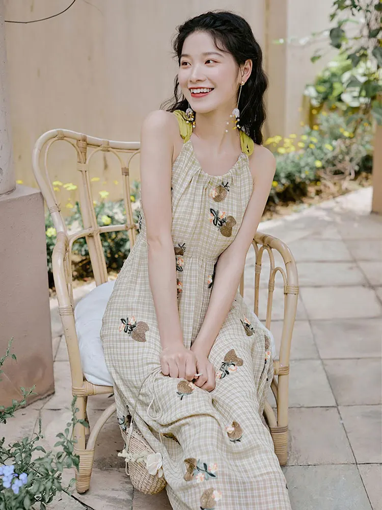 

Summer New Style Women's Japanese Girl Garden Mid-Length Dress, Bohemian Strap, Leaking Back Chiffon Dress, Embroidered Dress