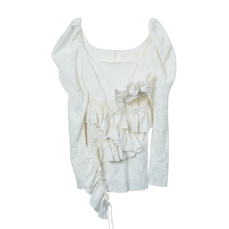 

TWOTWINSTYLE Vintage Hollow Out Dress For Women Square Collar Puff Long Sleeve High Waist Patchwork Ruffle White Dresses Female