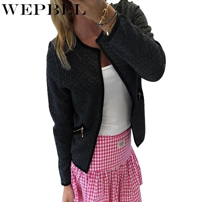 

WEPBEL Women Fashion Pure Color Pocket Zipper Open Front Slim Fit Casual Jacket Coat