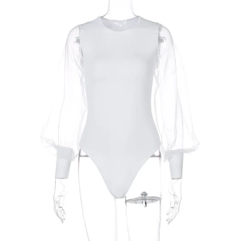 

Summer Fashion Long Sleeved O Neck Stitching Gauze Perspective Jumpsuits for Women