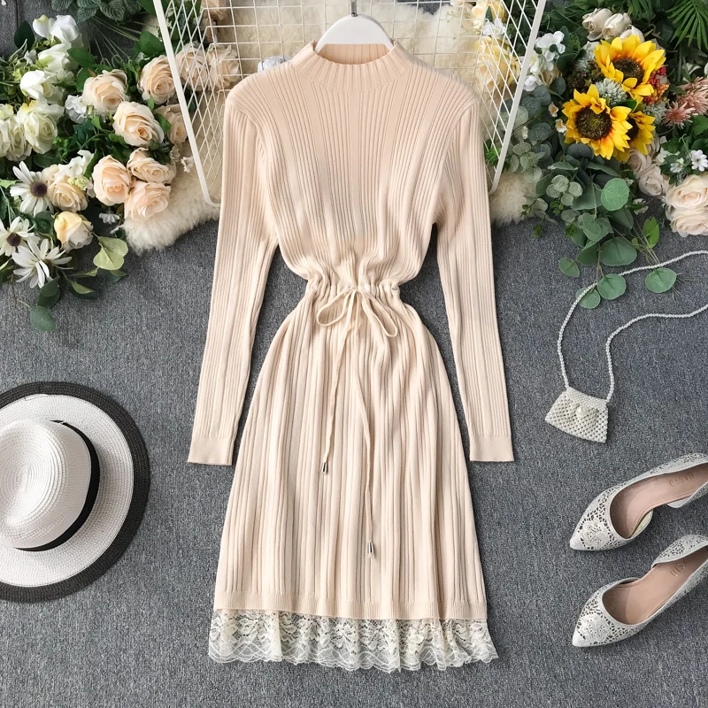 Женское трикотажное платье ALPHALMODA в стиле ретро с кружевным подолом и поясом