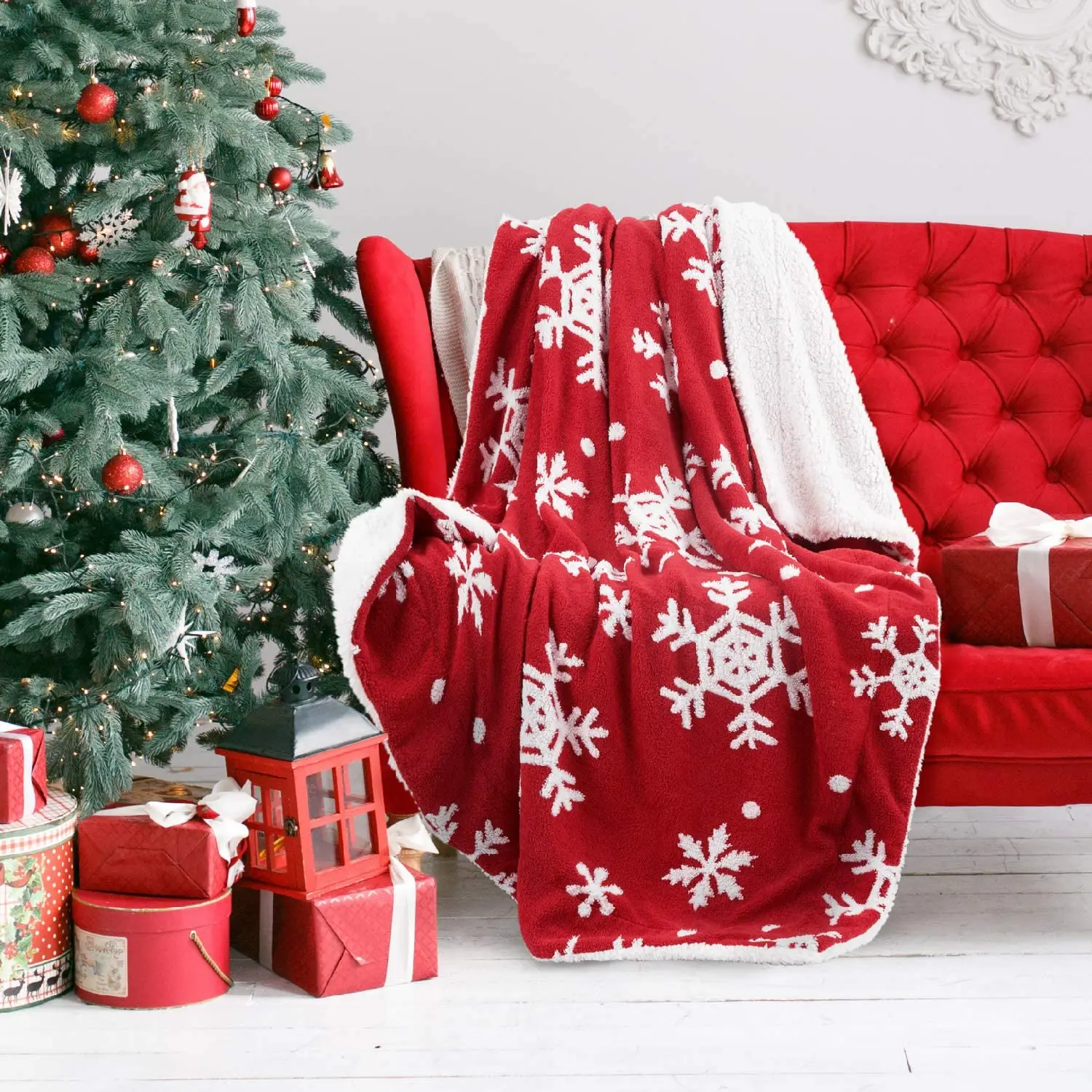 

Bedsure Weihnachten Urlaub Sherpa Fleece Decke Schneeflocke Rot und Weiß Fuzzy Warme Couch Sofa und Geschenk 50x60 zoll