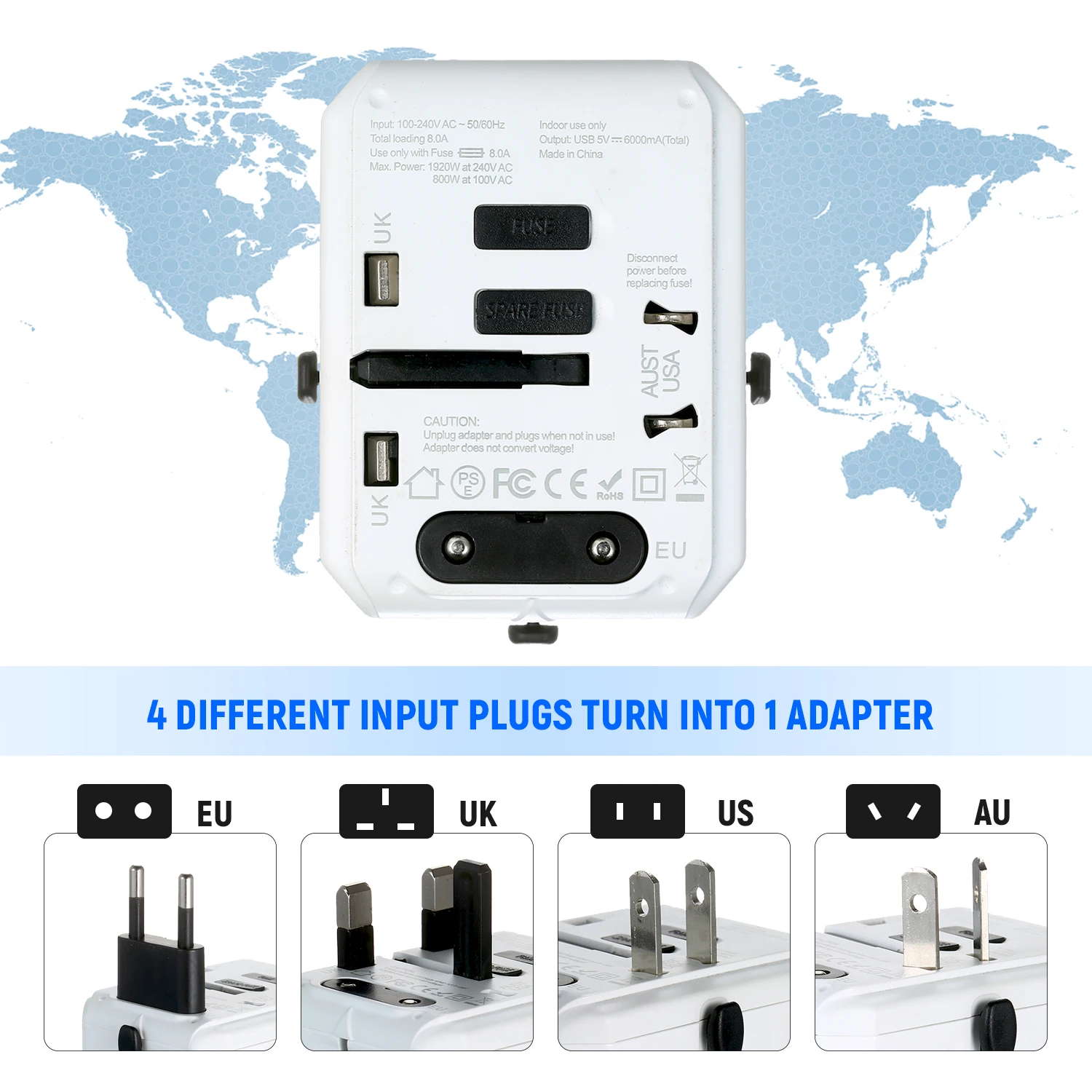 Дорожный адаптер 4 USB по всему миру Универсальный дорожный настенное зарядное