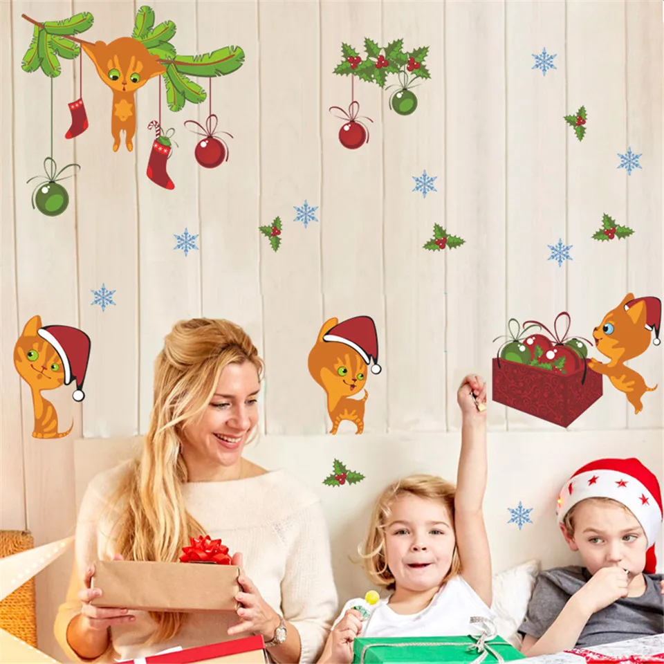 Милые рождественские наклейки на стену с кошками домашний декор для детской