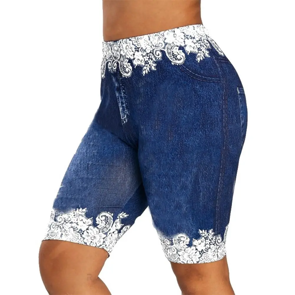 

Women Fashion Lace Patchwork High Waist Leggings Denim Shorts Sports Minipants