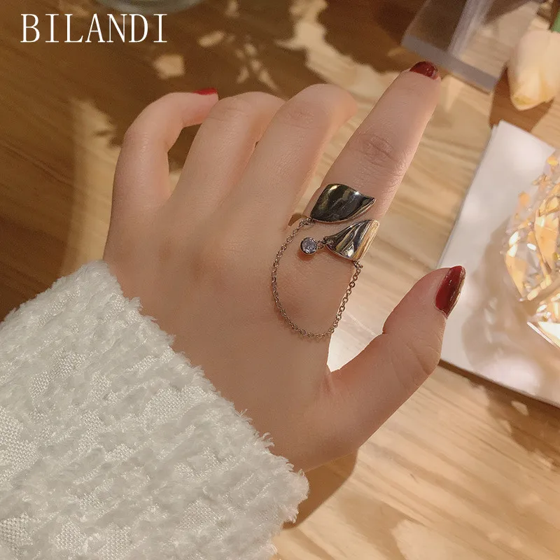 

Bilandi Fashion Jewelry Geometric Ring 2021 New Trend Silvery Plating Adjustable Chain Tassel Metal Ring For Women Party Gifts