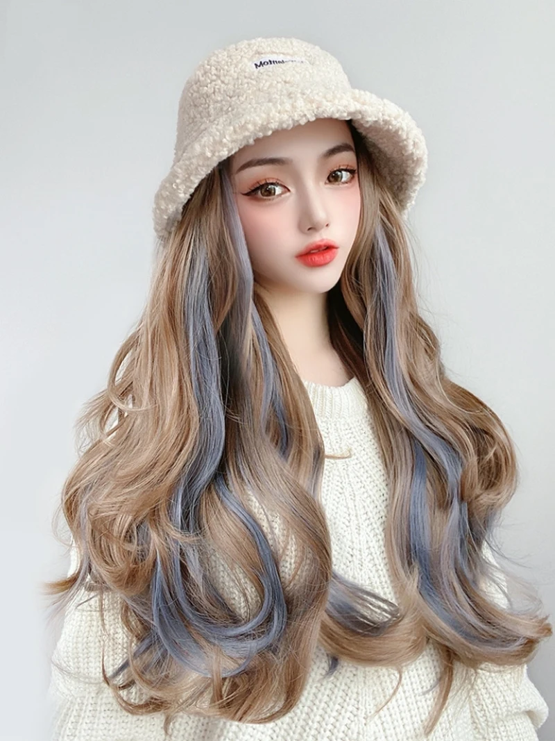 Женская шерстяная шляпа парик из длинных волос интегрированная синяя с длинными