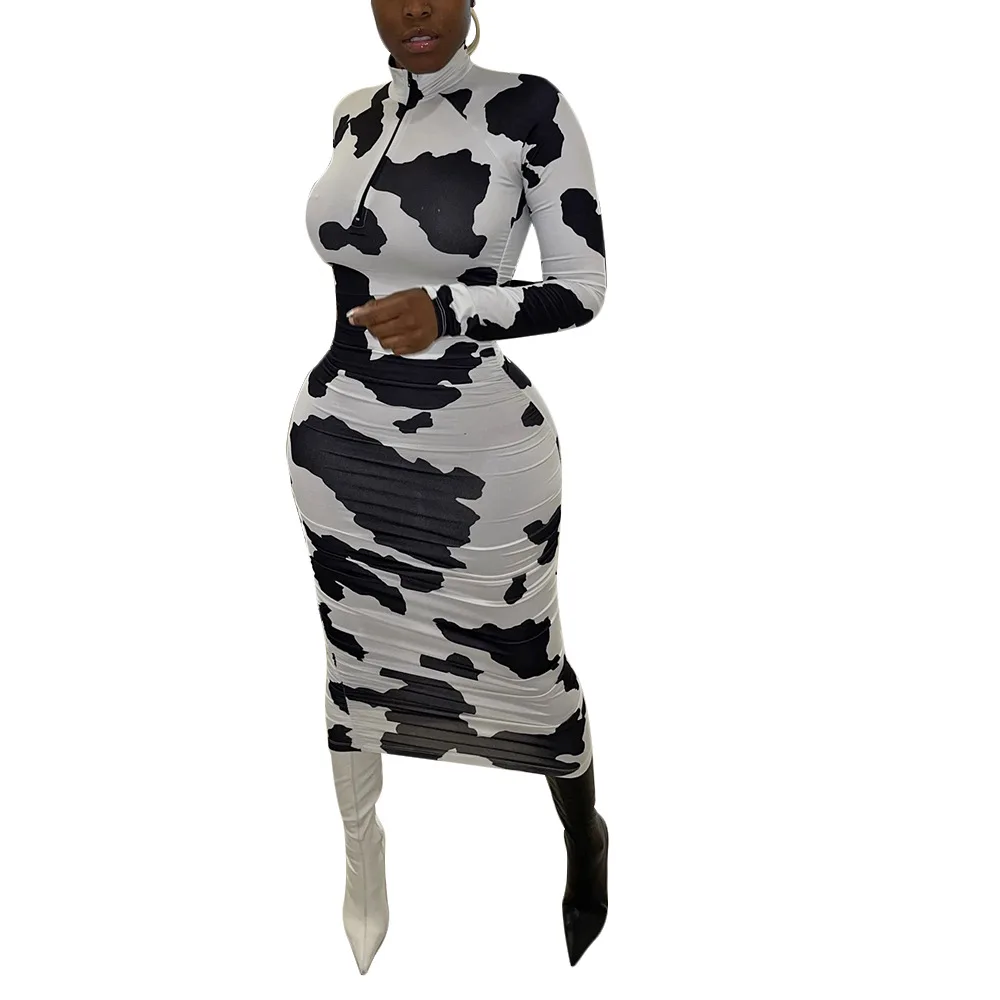 

Women Skinny Dress Black White Pattern Print Sexy Stand Collar Full Sleeve Bandage Dresses High Street Zipper Party Dress