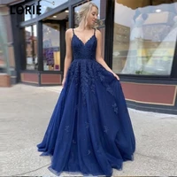 lorie 2020 navy blue evening dresses v neck spaghetti strap lace up back lace appliques special occasion beach prom party gowns