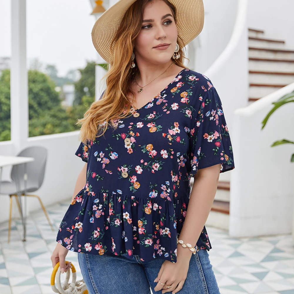 

2021 New Summer Women V-neck Short Sleeve Print Plus Size Casual Top Blouse Lady Holiday Style Ruffle Bottom Beach Fashion Tops