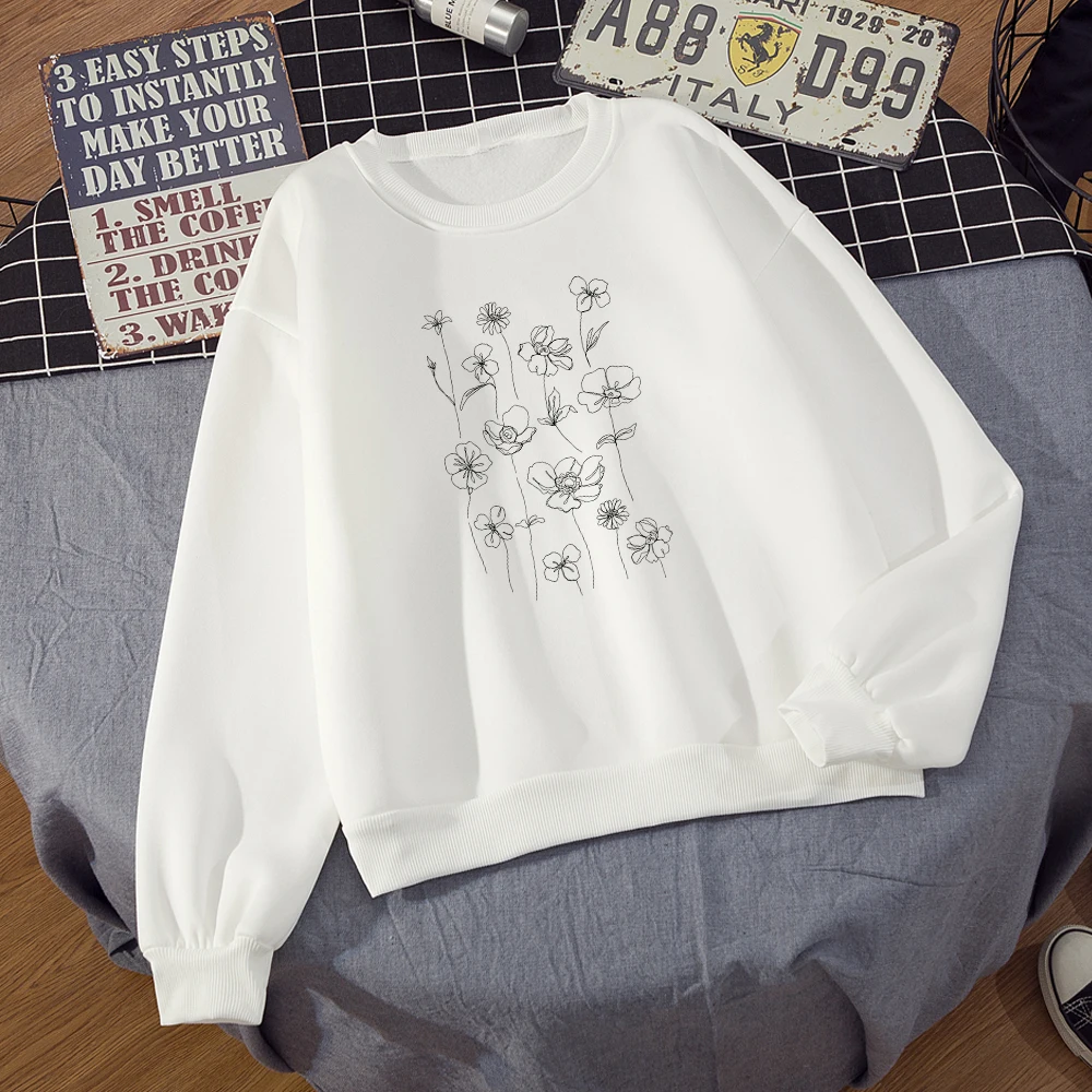 

Ullzang Crewneck Pullover Casual Coats Hoodies Women Aesthetic Graphic Printing Line Art Flowers Oversized Sweatshirt Harajuku