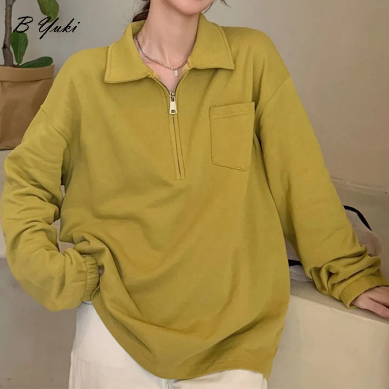 

Blessyuki Oversized Zipper Polo-neck Shirt Women Casual Solid Long Sleeve Loose Blouses Female Autumn All-match Sweet Girl Tops