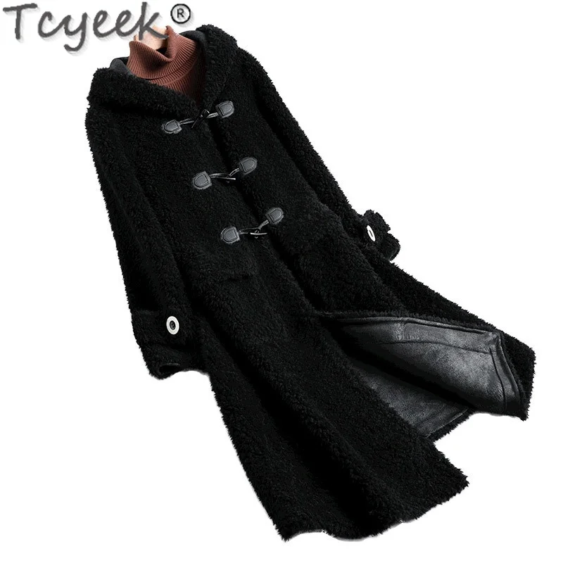 Женское шерстяное пальто с капюшоном длинное из овчины 2022 в Корейском стиле Gxy765