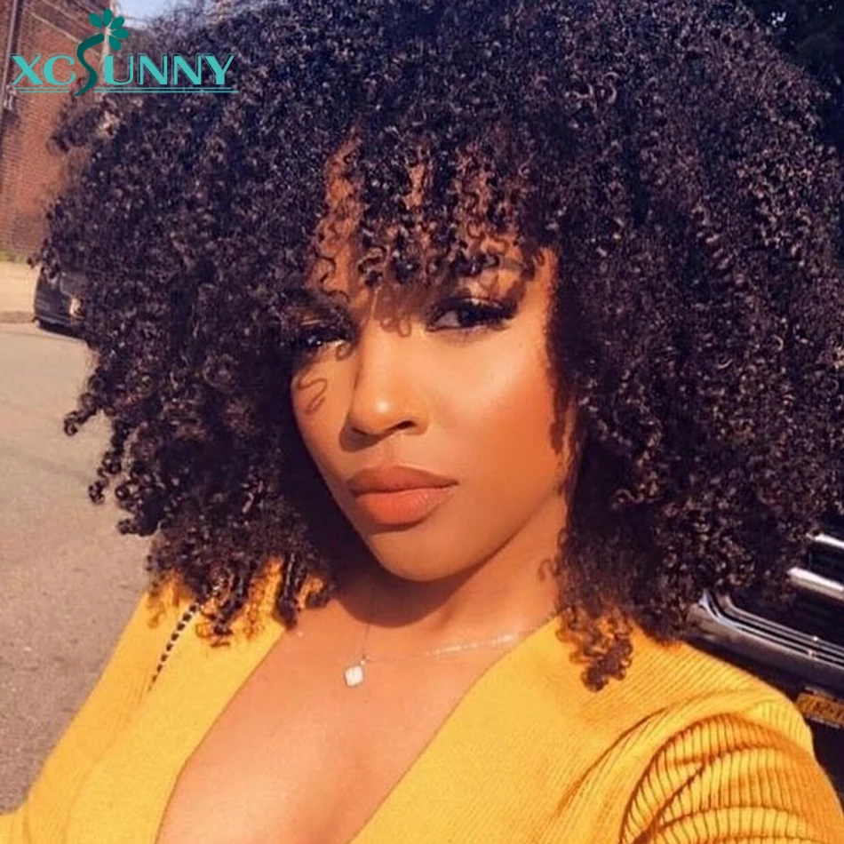 Афро кудрявый вьющийся парик парики из человеческих волос с челкой 200 плотность