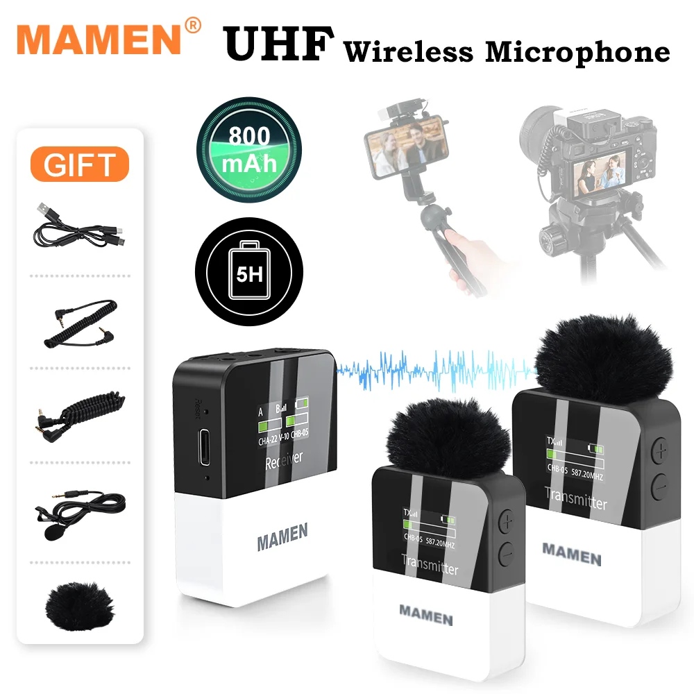 Беспроводной петличный микрофон MAMEN Mini UHF с аккумулятором 800 мАч 50 м пикап для