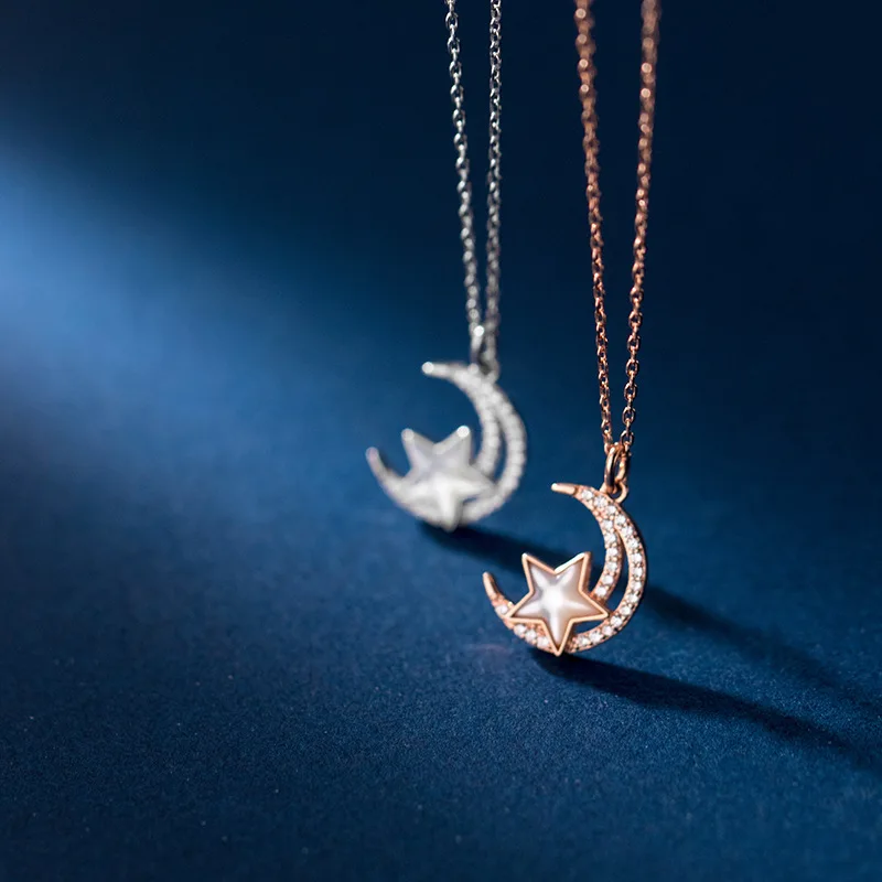 

CHC34 Real 925 Sterling Silver Star Moon with Shell Zircon Pendant Necklace Hypoallergenic Jewelry for Women
