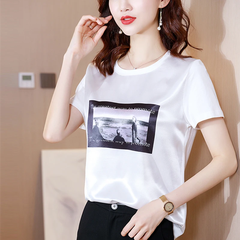 

Женские атласные футболки, летние, корейские, модные, шелковые, винтажные, с коротким рукавом, черные, для офиса