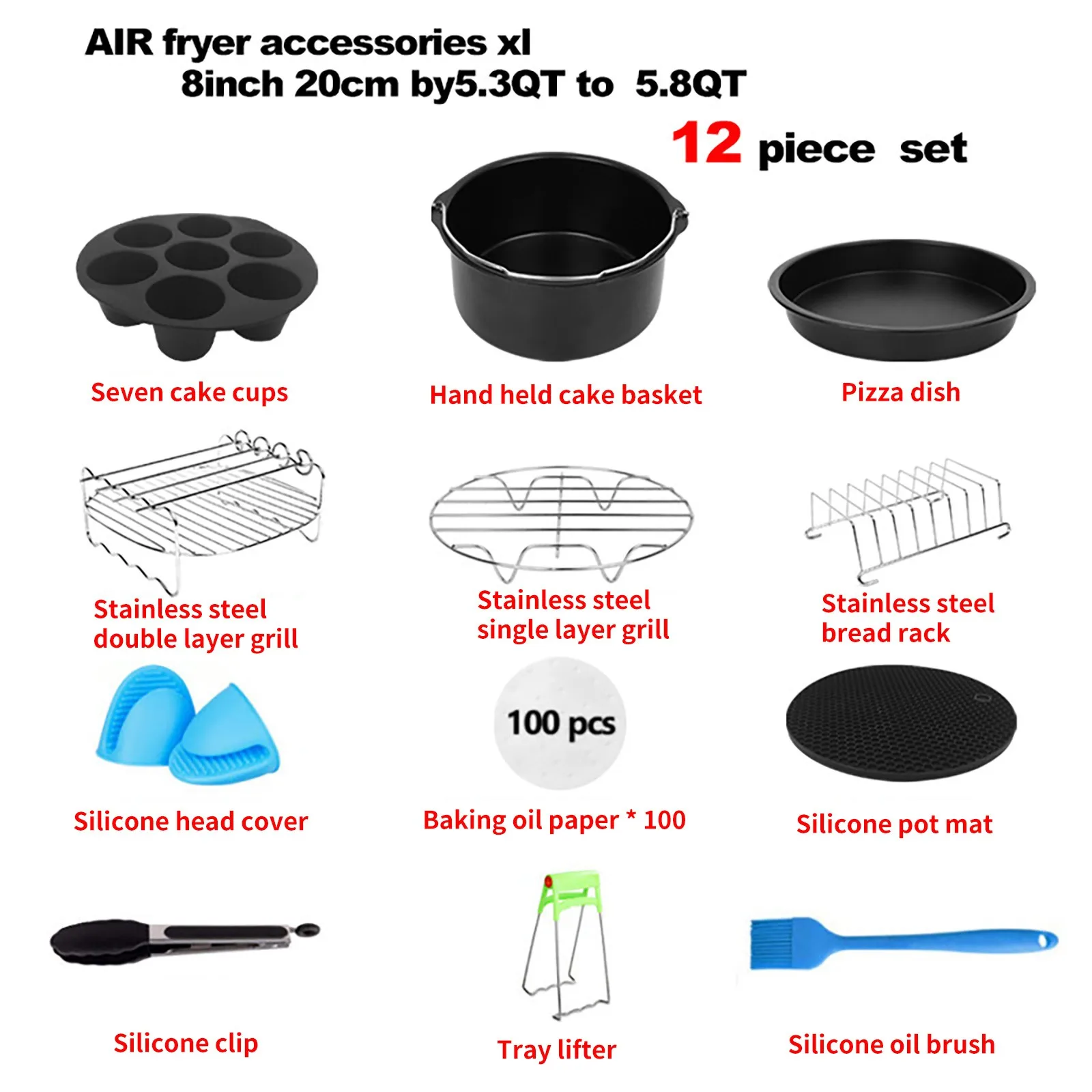 

12PCS Air Fryer Accessories Kit Deep Hot Air Fryer with 7/8 Inch Cake Barrel Pizza Plate Grill Pot Kitchen Cooking Tool for