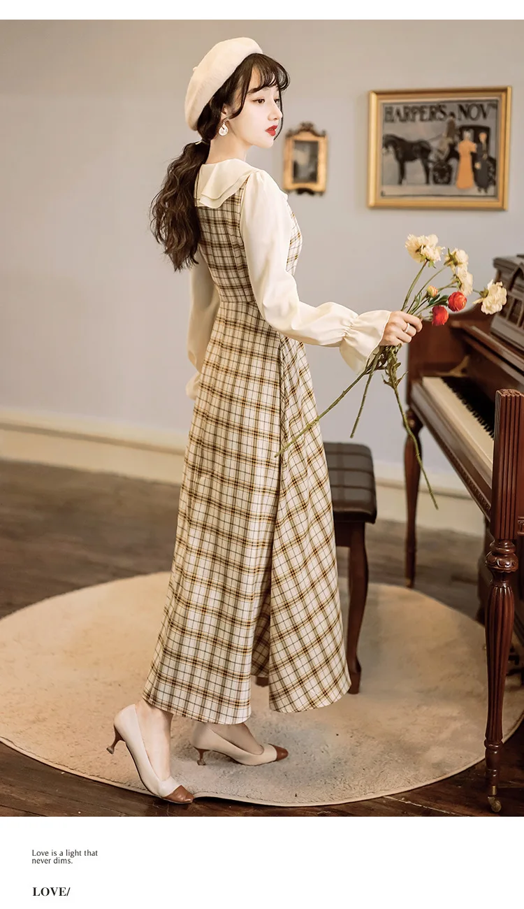 

Vintage Plaid Dress Female 2021 Spring Artistic Ruffle Collar Full Sleeve Dress Slimming Fashion Temperament Elegant Dress New