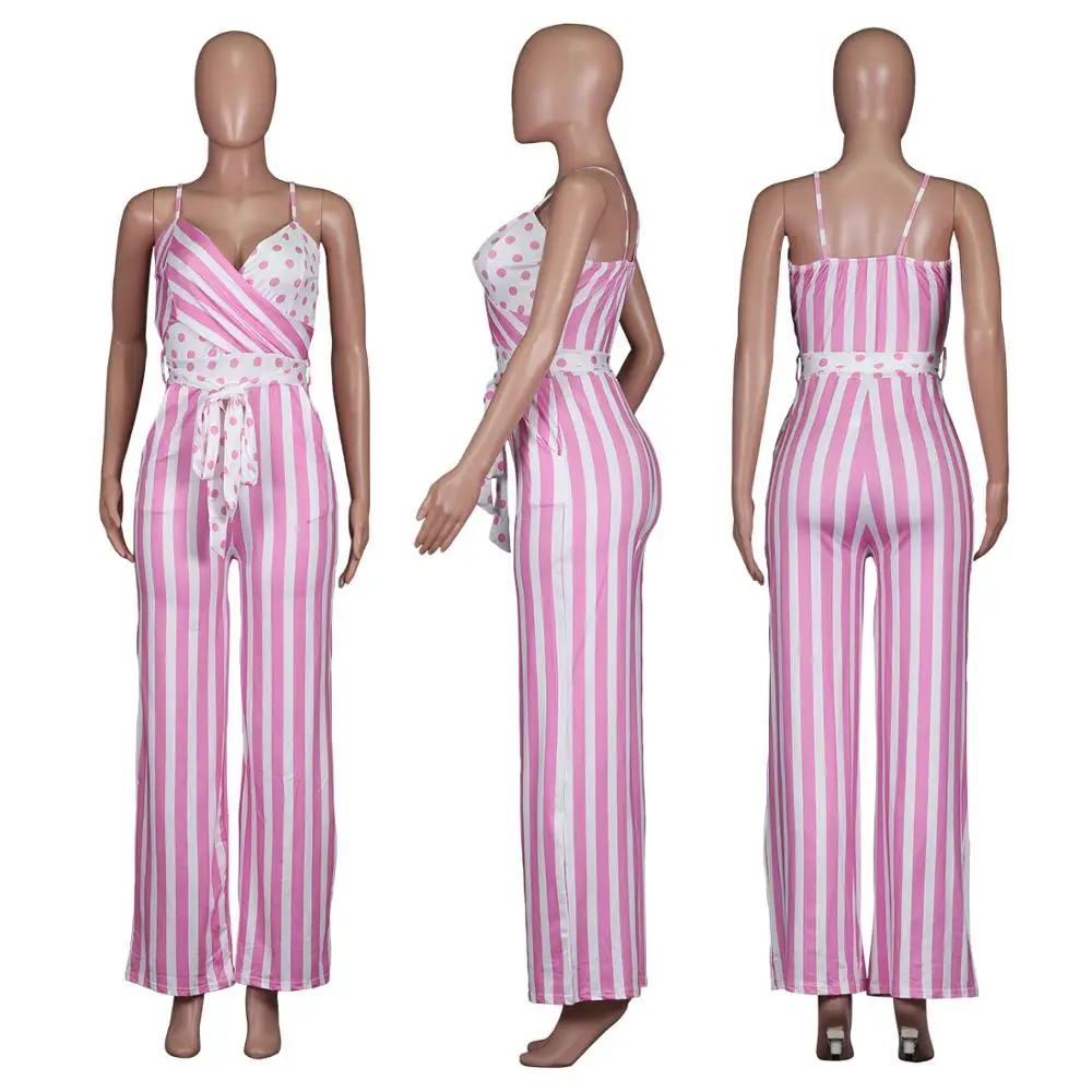 Летний модный женский комбинезон в полоску с принтом горошек на бретельках
