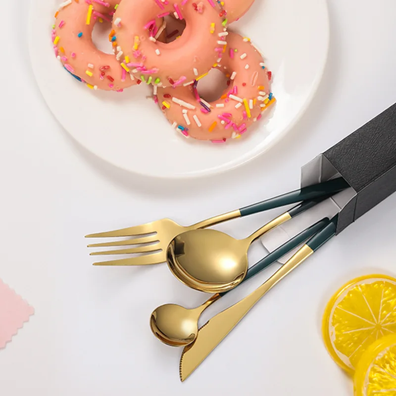 

Stainless Steel Cutlery Set Fork Knives Dessert Spoon Long Handle Mirror Green Gold Christmas Tableware Dinnerware Flatware Set