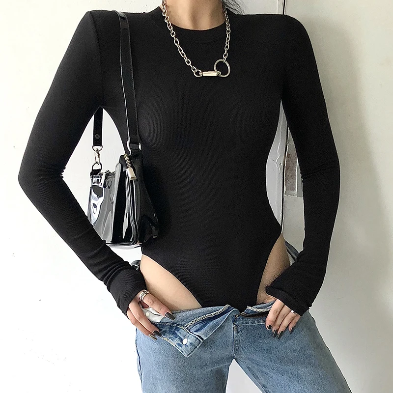 one shoulder bodysuit Solid Ribbed Knit Black Gray Female Bodysuit Turtleneck Top Women Long Sleeve Fall 2020 Winter Bodycon Keep Warm Khaki Body Sexy bodysuit women