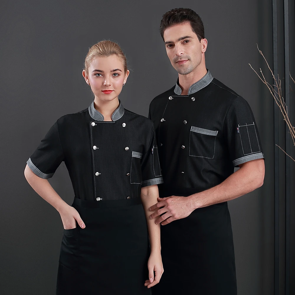 Стрейчевая джинсовая ткань куртка шеф повара короткие рукава для отеля кухни