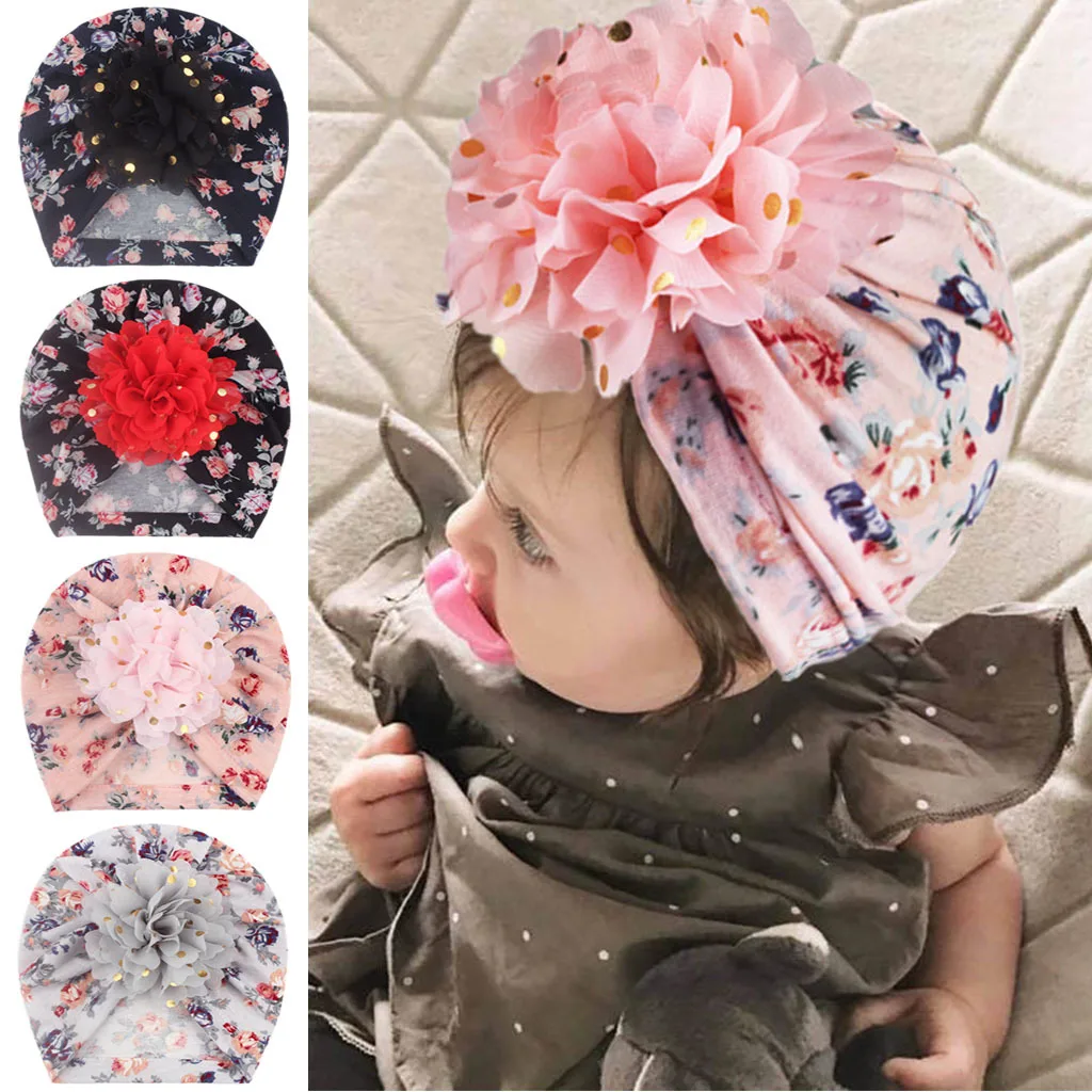New Cute Printted Floral Newborn Caps Gold Dot Hats Baby Girl Infant Turban Princess Bonnet Kids Birthday Gift Photography Props