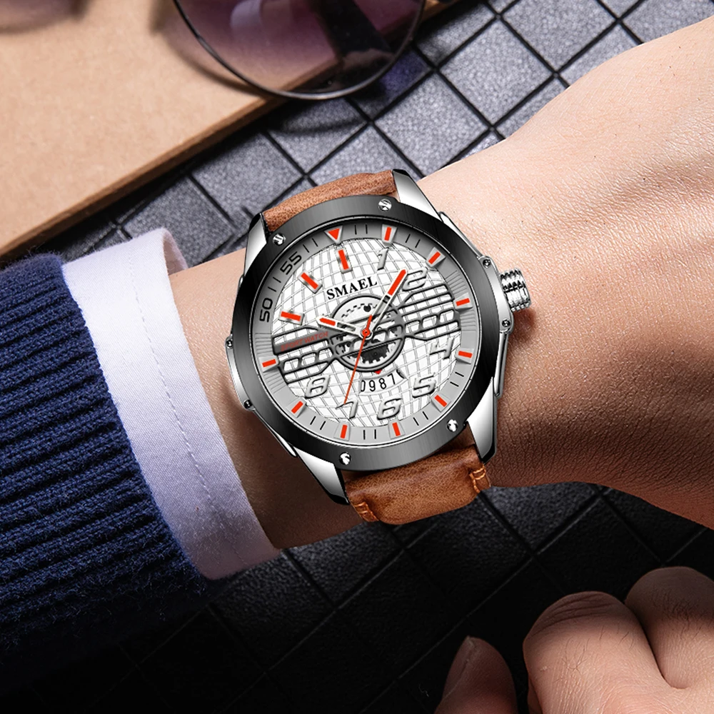 

SMAEL Mens Watches Top Luxury Brand Waterproof Sport Wrist Watch Chronograph Quartz Military Genuine Leather Relogio Masculino