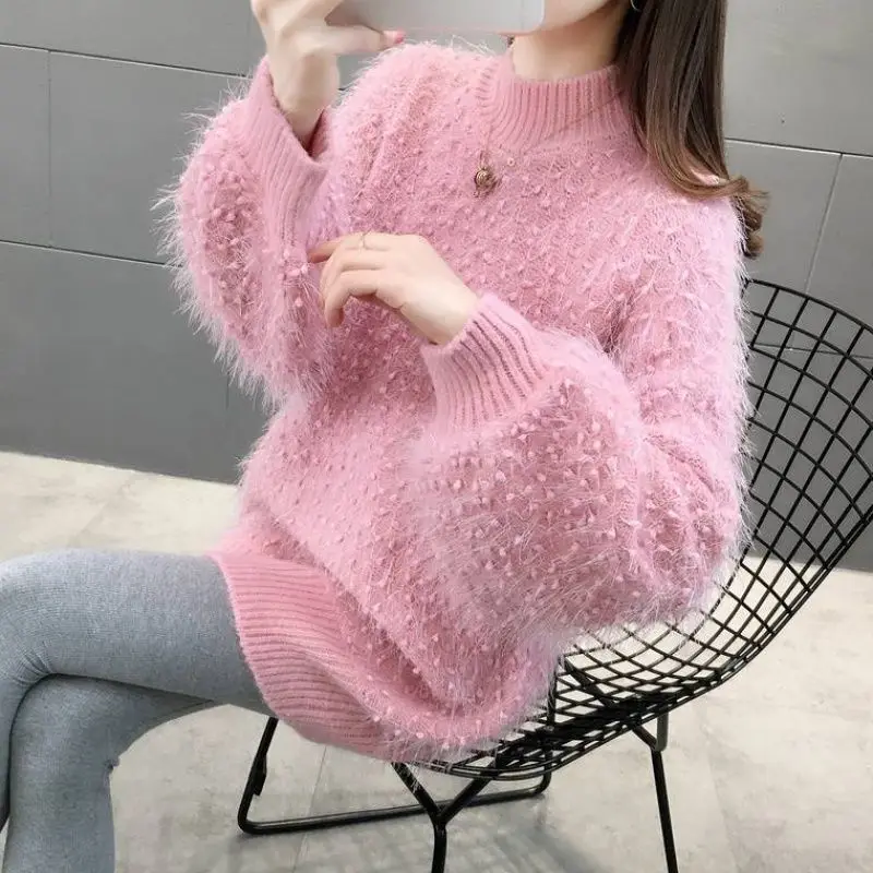 vangull Vintage Half Turtleneck women Sweater Solid color Loose Long Sleeve Knit Furry poullovers Lazy Style Top Bottoming Shirt | Женская
