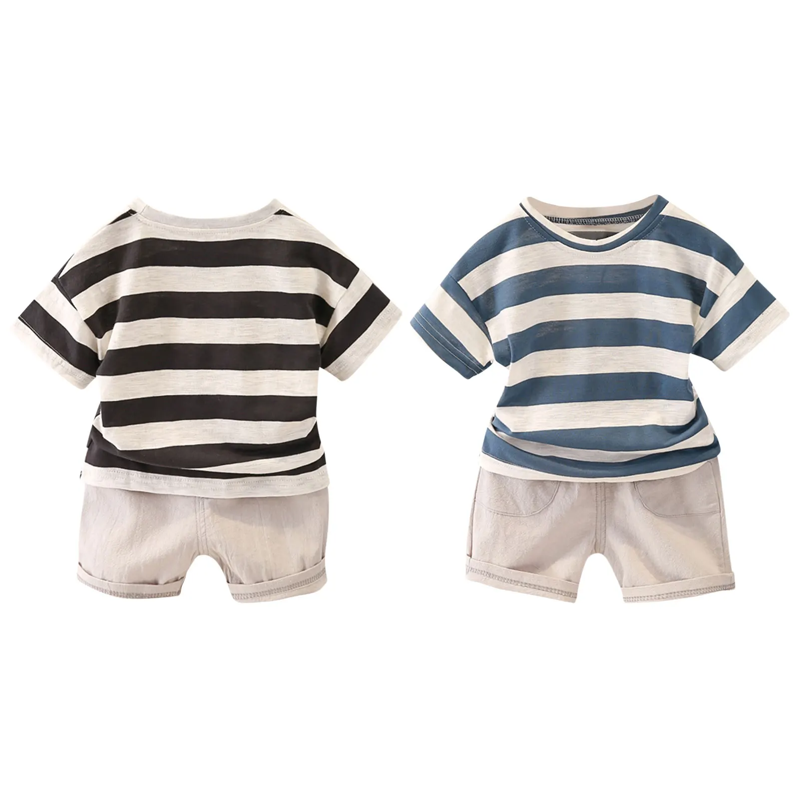

Boy\u2019s Short-sleeved Shorts Set Fresh Stripe Round Neck Tops and Solid Color Short Pants 1-5Years