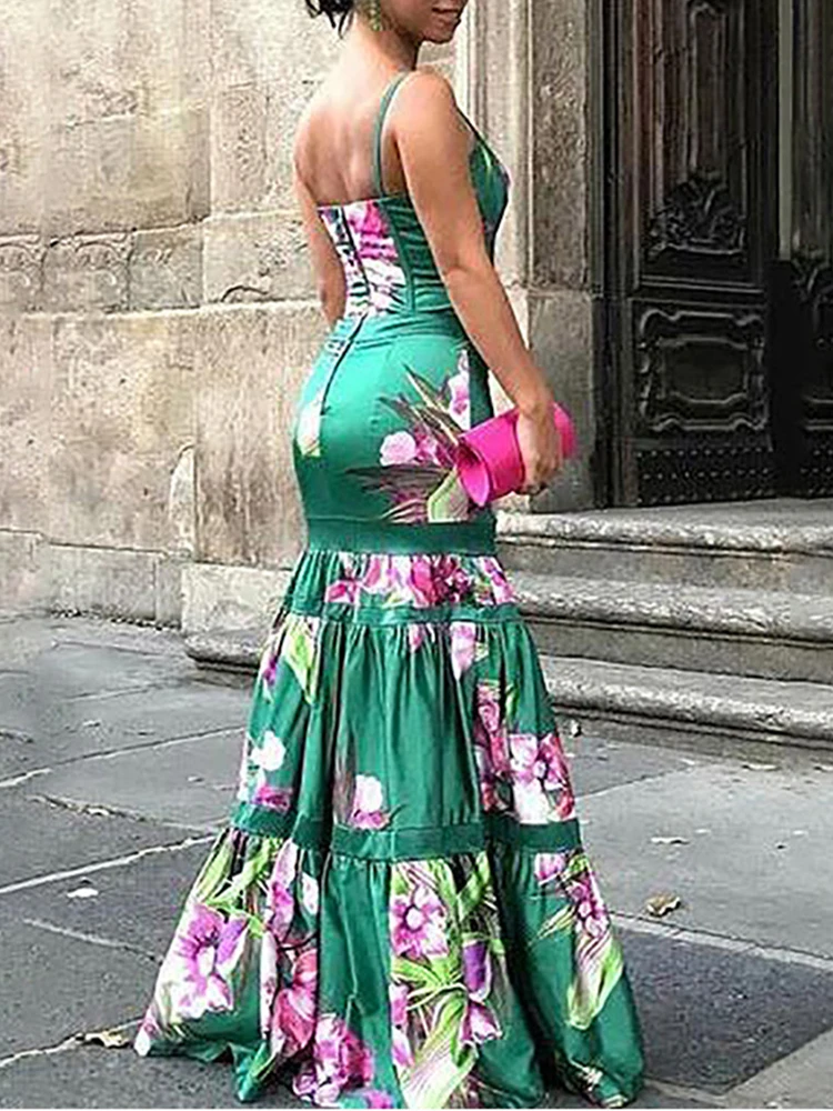 

Floral Print Mermaid Dress Women Tunic Long Beach Cover Up Maxi Beach Wear Pareos De Playa Mujer Women Elegant Party Dress