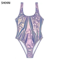 womens metallic shiny one piece swimsuit backless bathing suit front low neckline wide shoulder straps bikini beach swimwear