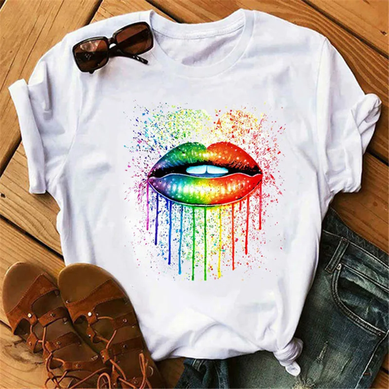 

Colourful Lips Letter Print Women T Shirt Short Sleeve O Neck Loose Women Tshirt Ladies Tee Shirt Tops Clothes Camisetas Mujer