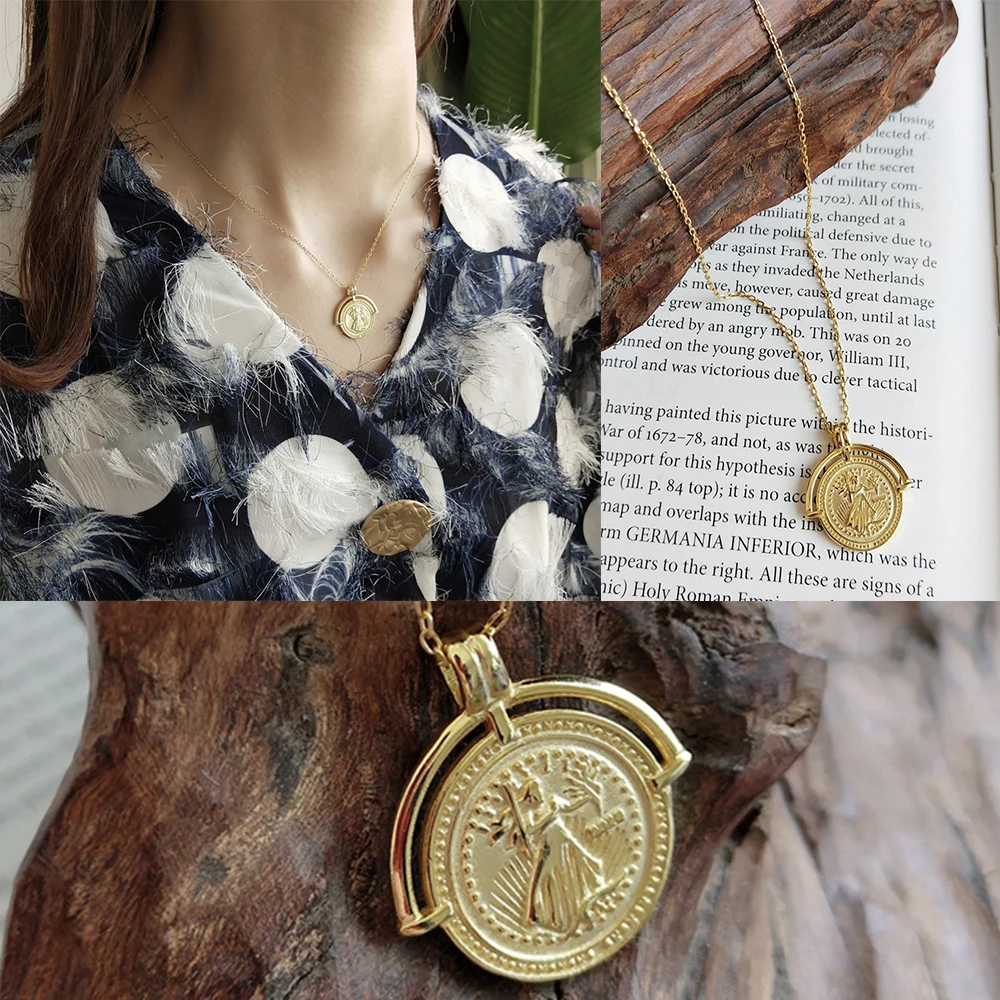 Portrait Gold Medallion Round Coin Pendant Choker Necklace Large Disc Necklace S925 Silver Personalized Necklace Boho Jewelry - Окраска металла: F1490