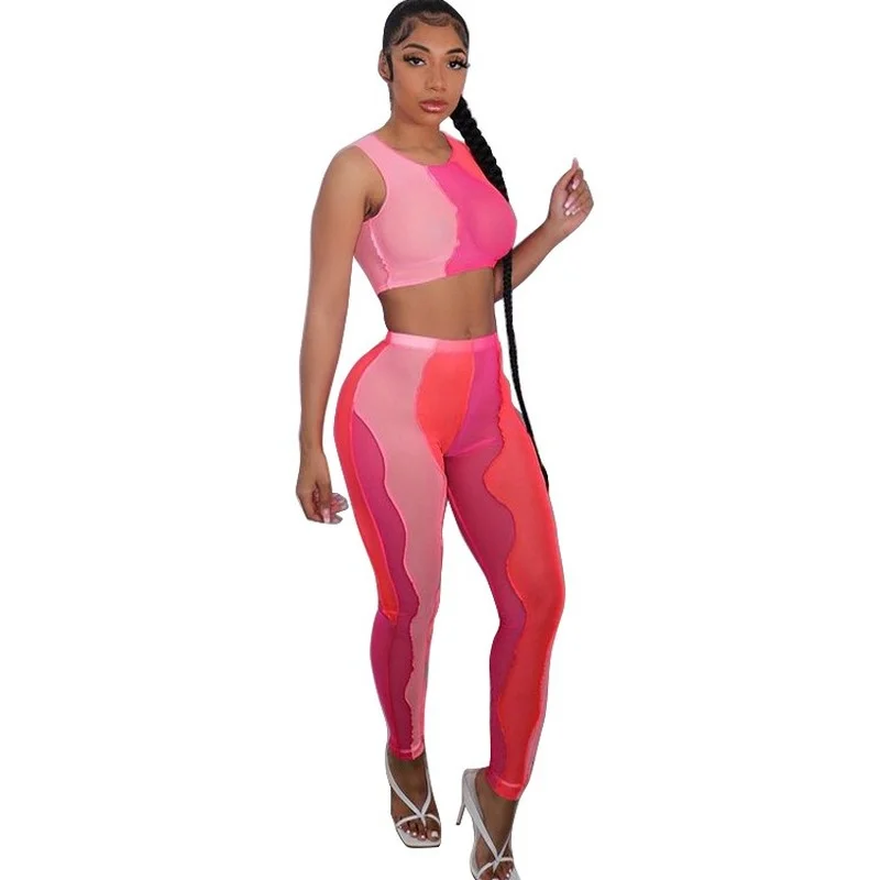 

Summer Fashion New Casual Print Womens Suit Sleeveless O-Neck Top Full Length Slim Pants Two-piece Suit for Women Donsignet