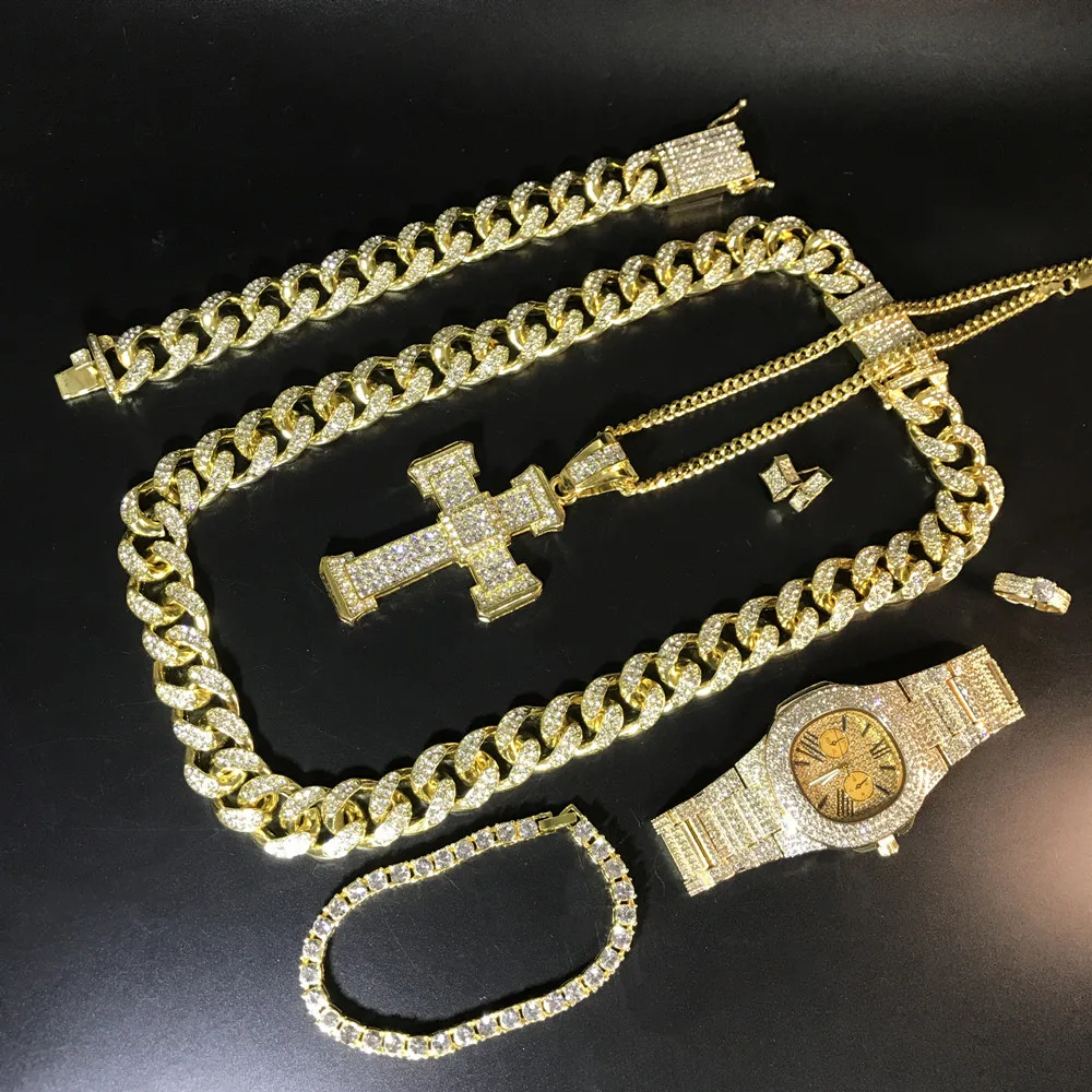 

Hip Hop Men Gold Color Necklace Luxury Men Watch &Necklace & Braclete & Ring & Earring Combo Set Ice Out Cuban Chain Jewerly Set