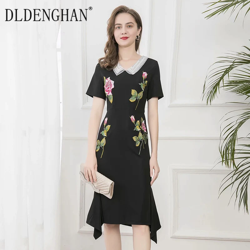 

DLDENGHAN Fashion Designer Summer Flower Embroidery Dress Women Beading Turn-down Collar Short Sleeve Black Mermaid Dresses