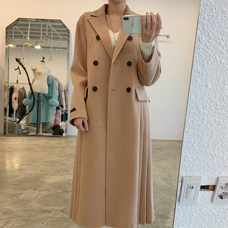 

Solid Suit Collar Woolen Coat Woman Korean Long-sleeved Double-breasted Long Coat Women Simple Warm Slim Pleated Coats Women's
