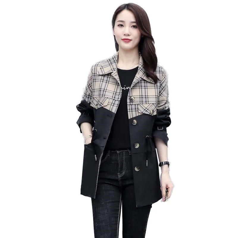 

Женская длинная куртка в клетку, Повседневная ветровка в британском стиле, на шнуровке, весна-осень 2021