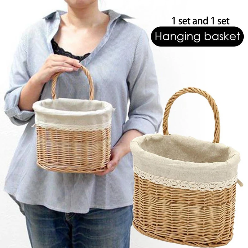 

Hanging Storage Basket Handmade Weave Wicker Organizer Picnic Bread Fruit Basket, Wall Basket for Home with Handle