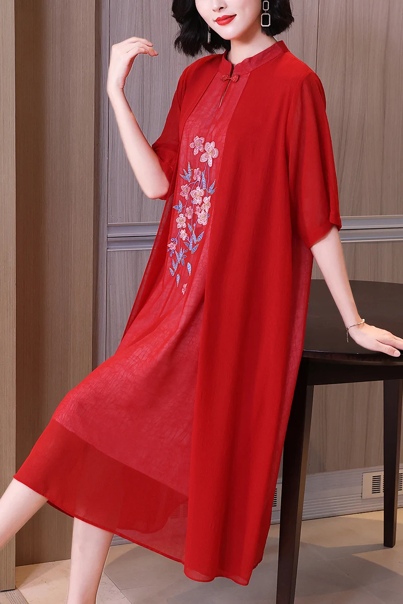 

Women Dresses Summer 2021 Plus Size Vintage Chinese Style Stand Collar Embroidery 3/4 Sleeve Festive Wedding Loose Dress