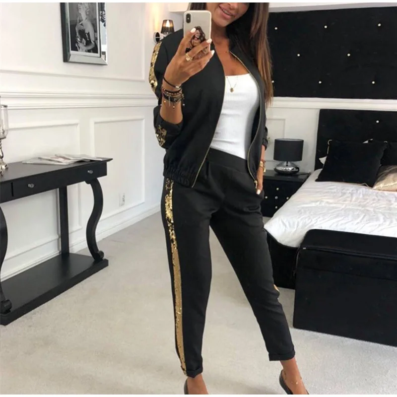 Side Sequined Tracksuit For Women Two Piece Set Autumn Zipper Long Sleeve Patchwork Sports Streetwear Women's Tracksuits