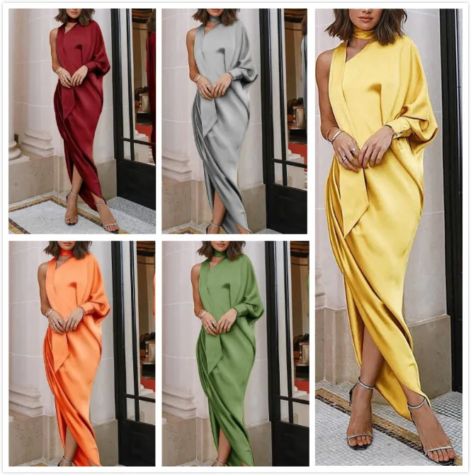 Элегантная женская одежда осеннее платье на одно плечо с длинным рукавом летучая