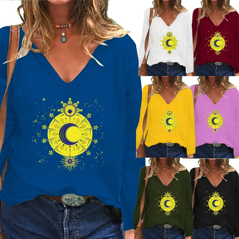 

Женская футболка с принтом, V-образным вырезом и длинным рукавом