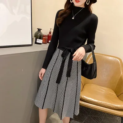 

Трикотажное платье с длинным рукавом для женщин, новое осенне-зимнее платье средней длины, сшитое в полоску, в клетку, цветное платье-свитер