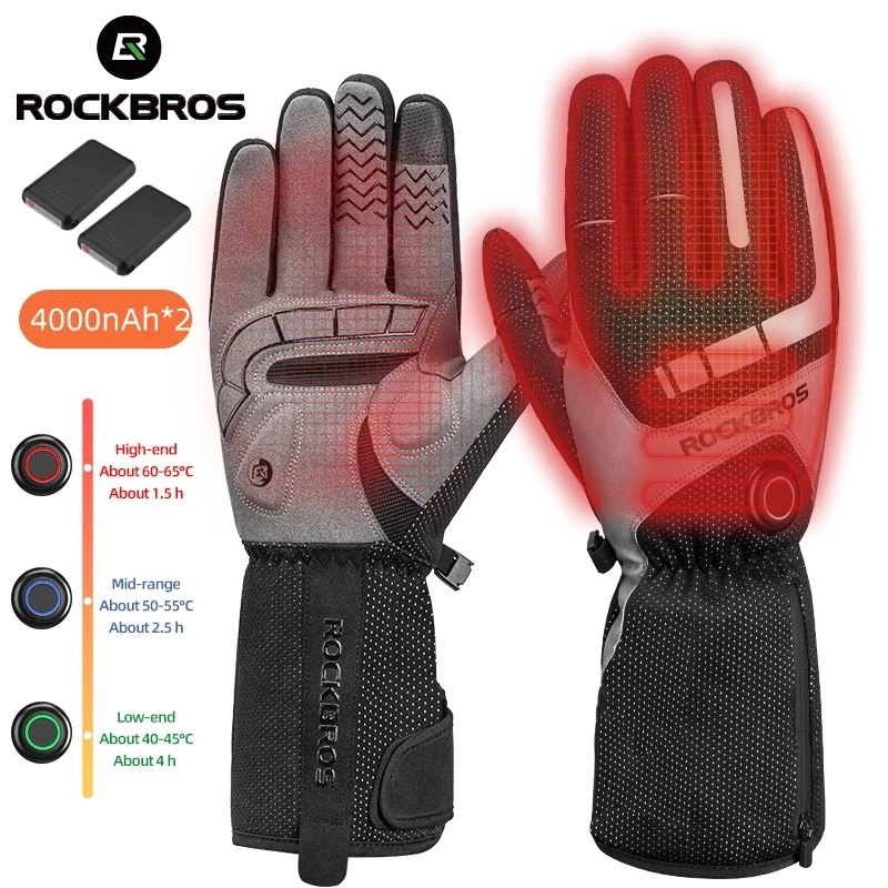 

Зимние Мотоциклетные Перчатки ROCKBROS, водонепроницаемые перчатки с термоподогревом, перчатки с сенсорным экраном, на батарейках, велосипедн...