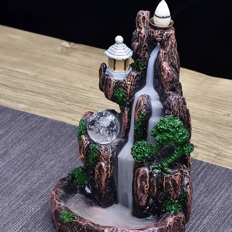 

New design Waterfall Smoke Backflow Incense Holder resin LED Light Type Hotel Home Decor quemador de incienso incensario