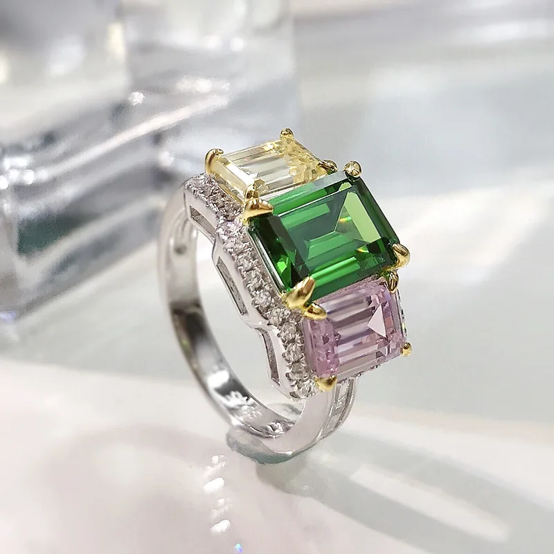 

Solid 925 Sterling Silver 10*12mm Synthetic Emerald Citrine Pink Quartz Rings For Women Wedding Party Fine Jewelry 2021 New Gift
