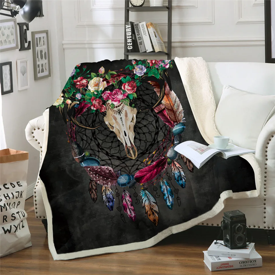 Постельные принадлежности Outlet Boho Ловец снов шерпа пледы одеяло племенные рога Цветок покрывало Готический Череп Бархат плюшевое покрывало 150x200
